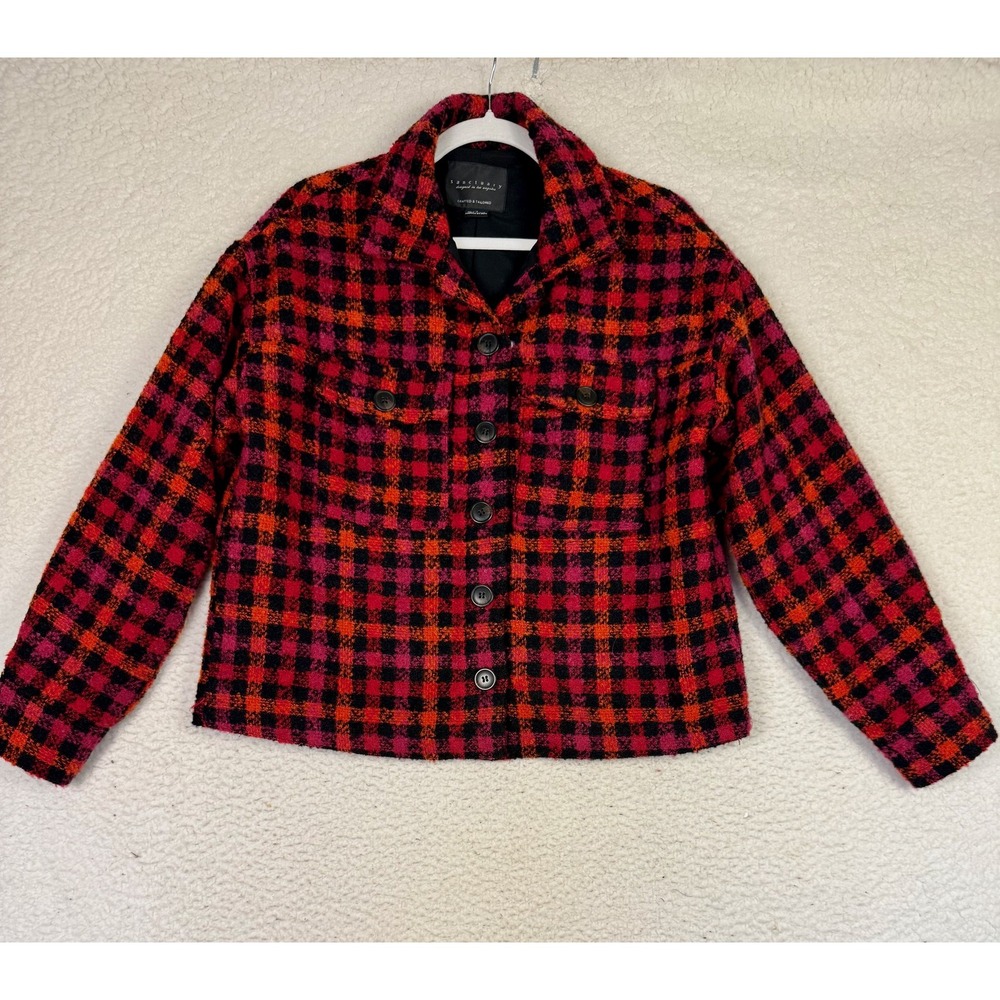 Sanctuary Jacket Womens S Red Orange Check Tweed Cropped Business Preppy School